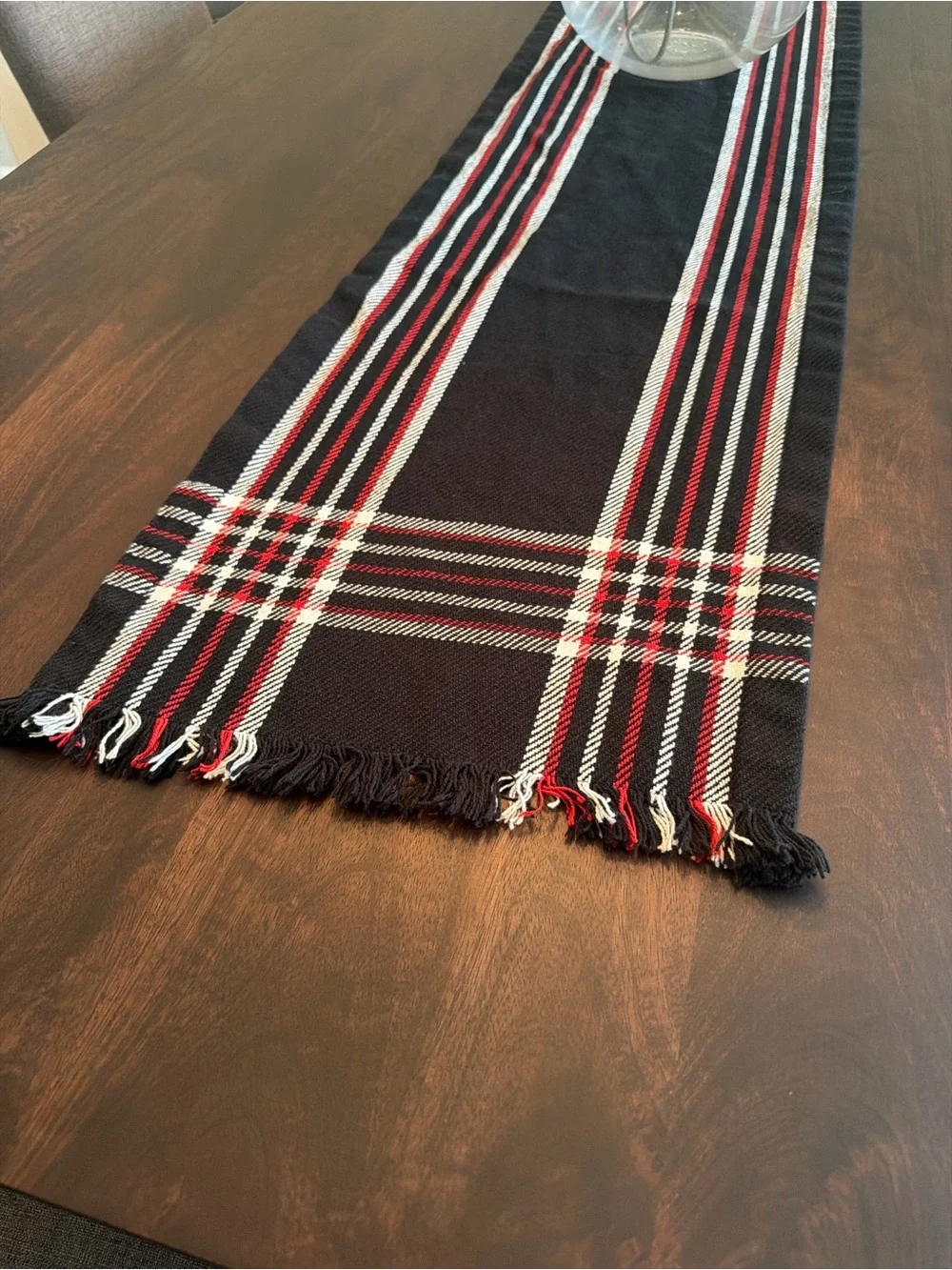 Black Plaid Table Runner with Red and White Stripe Accents